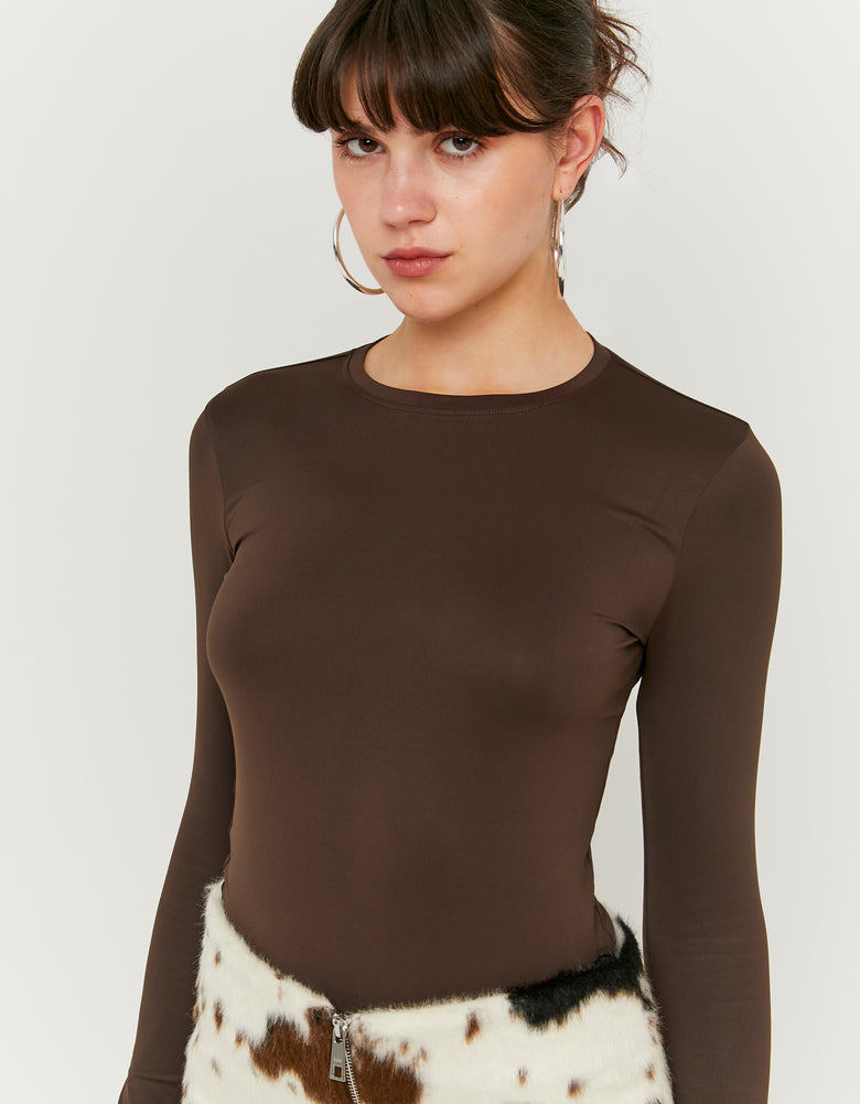 Ladies Basic Brown Long Sleeve T-Shirt-Closer View of the Front