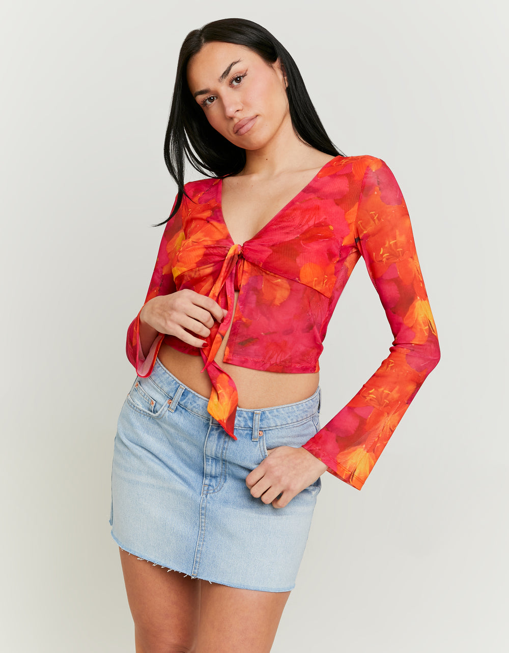 Ladies Mesh Knot Top With Floral Print-Model Full Front View