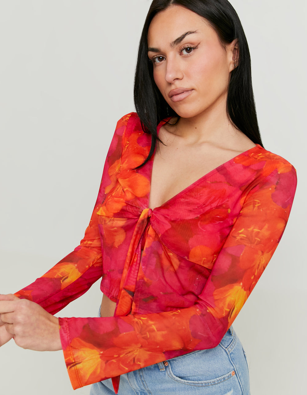 Ladies Mesh Knot Top With Floral Print-Side View