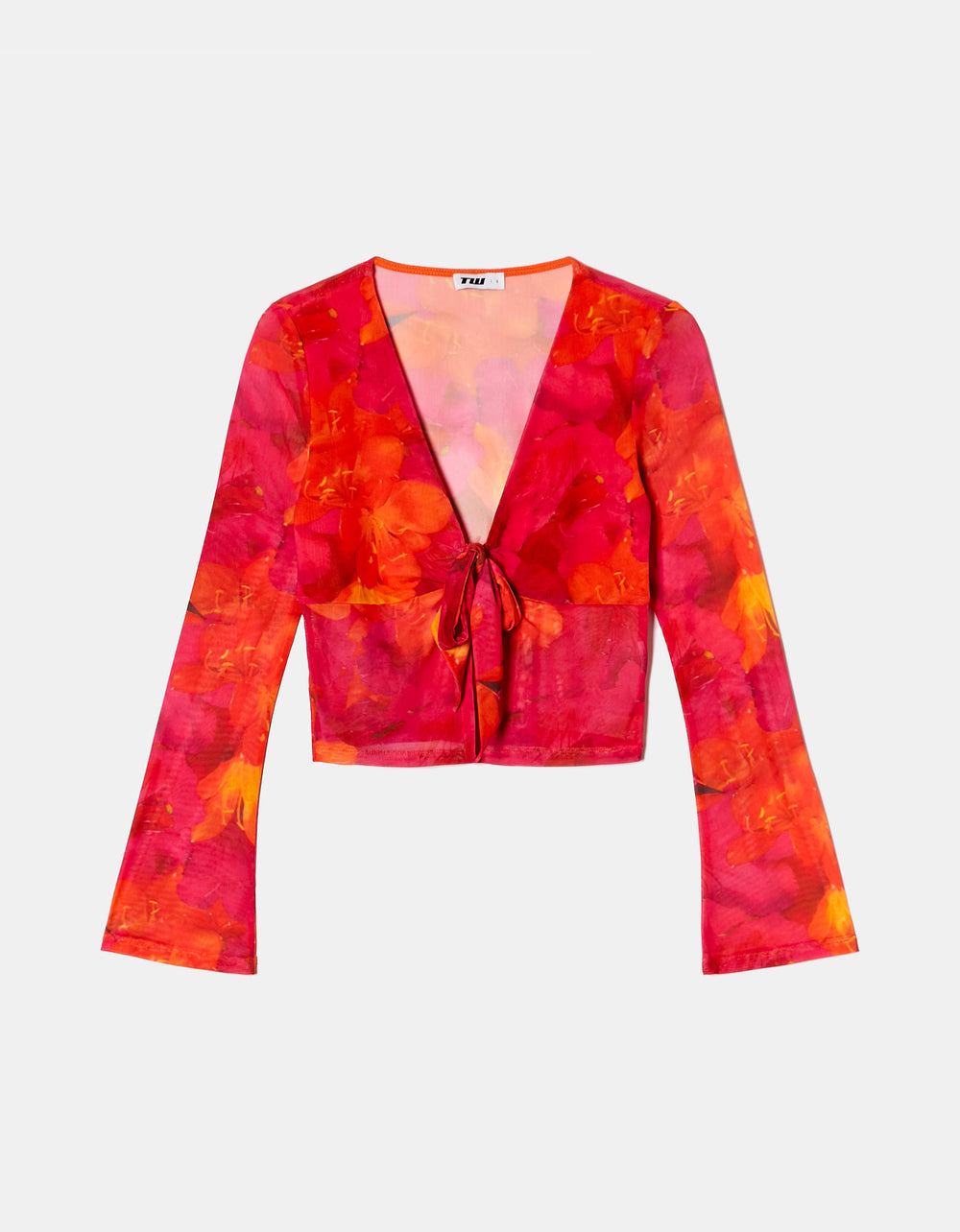 Ladies Mesh Knot Top With Floral Print-Ghost Front View