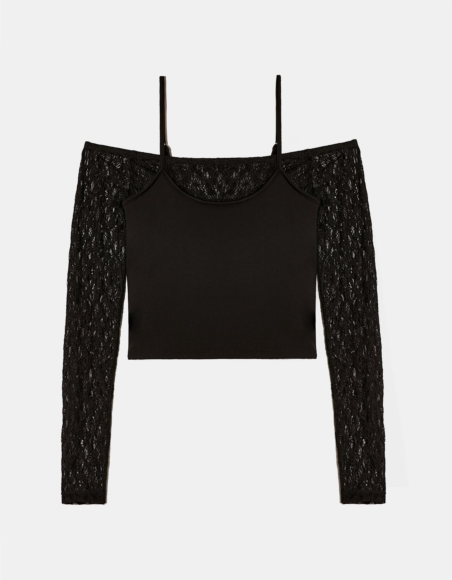 Ladies Black Lace Off Shoulder Top-Ghost Front View