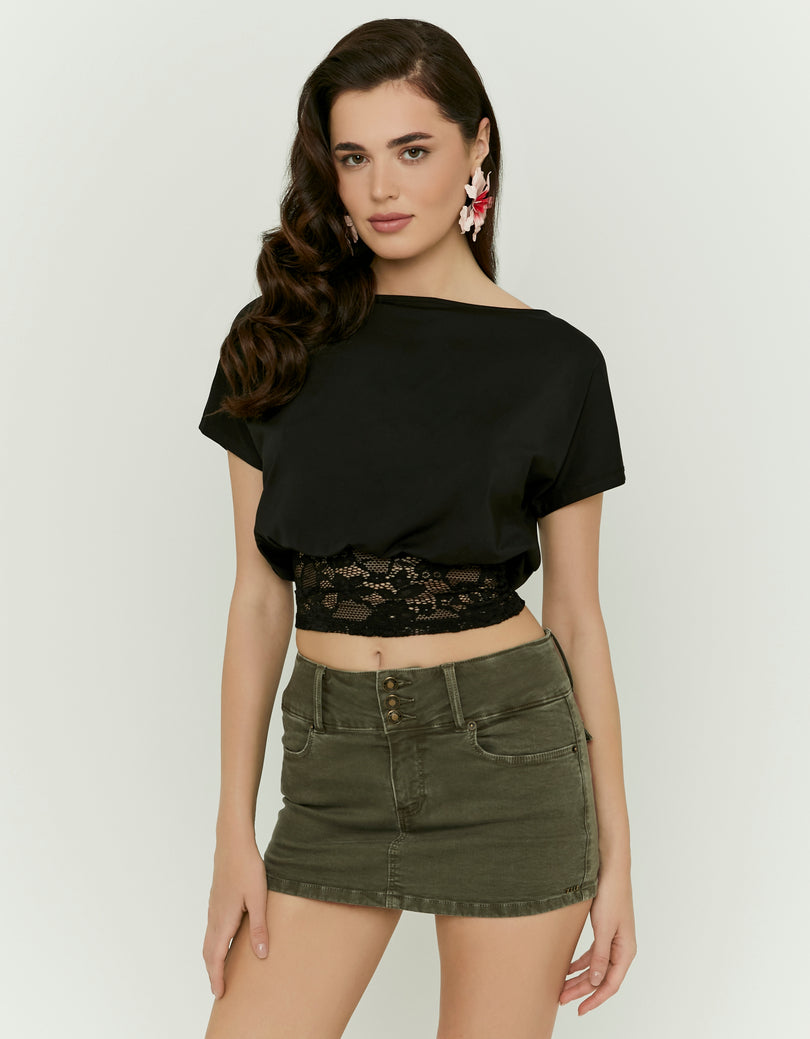Ladies Black Asymmetric Lace Top-Model Front View