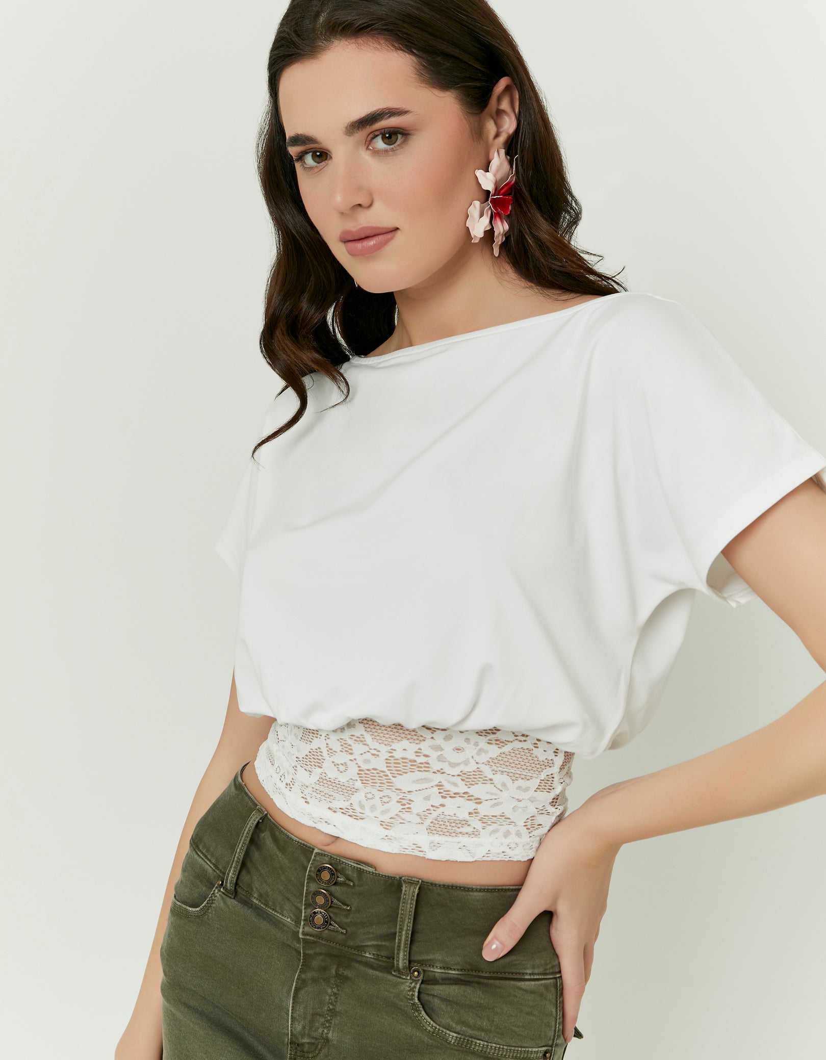 Ladies White Asymmetric Lace Top-Front/Side Model View