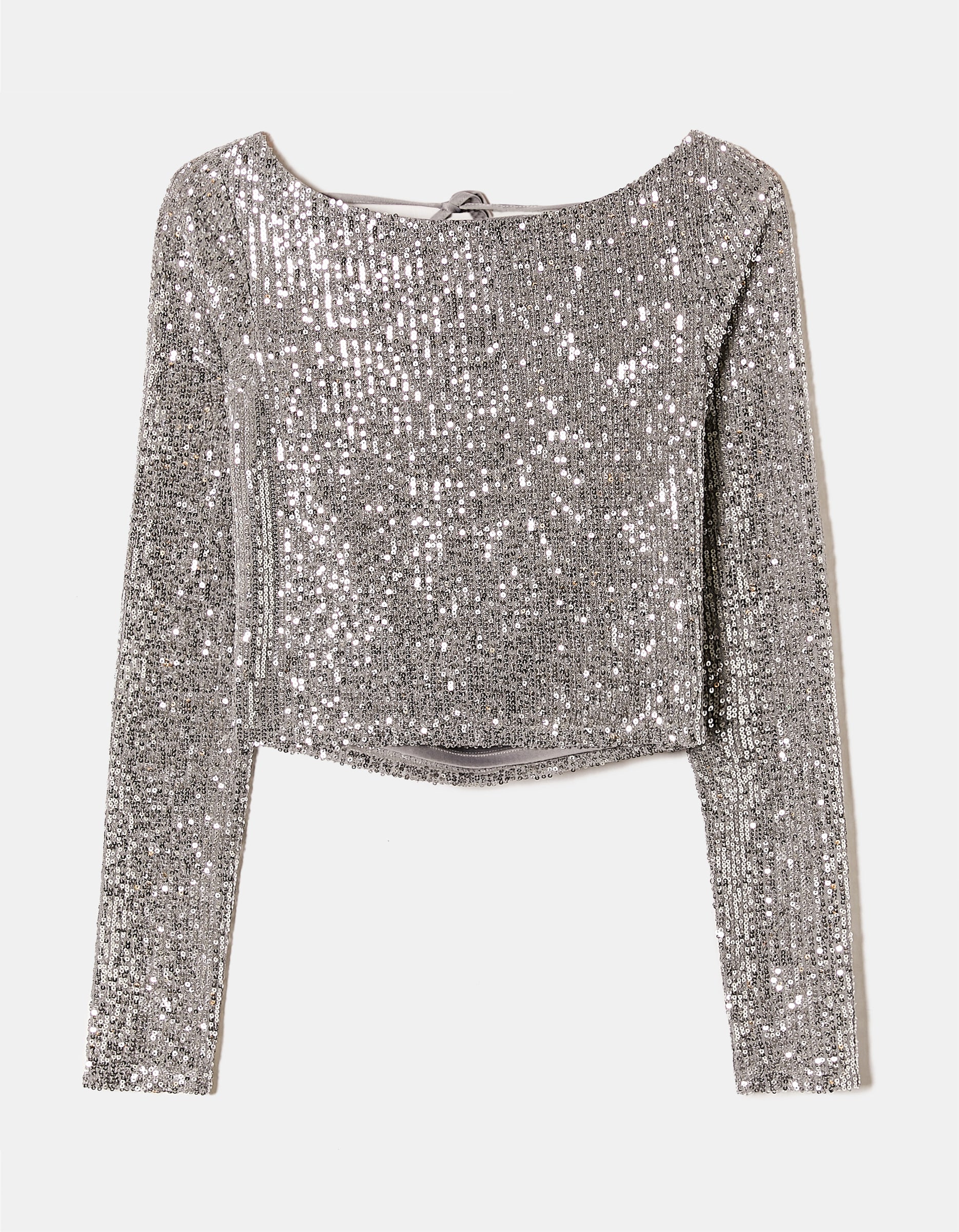 Ladies Silver Sequined Cropped Top-Ghost Front View