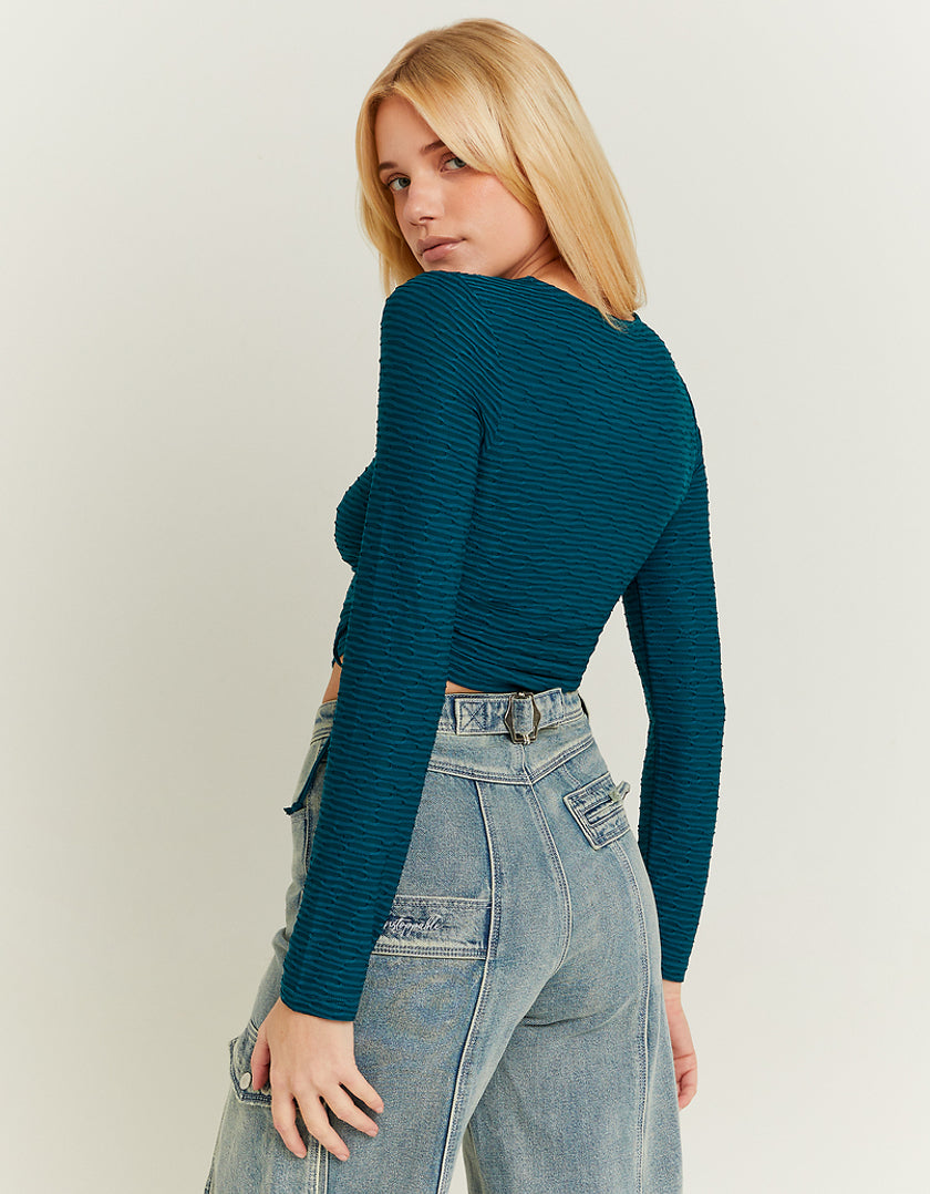 Ladies Blue Crop Top With Lateral Lace Up-Model Back View