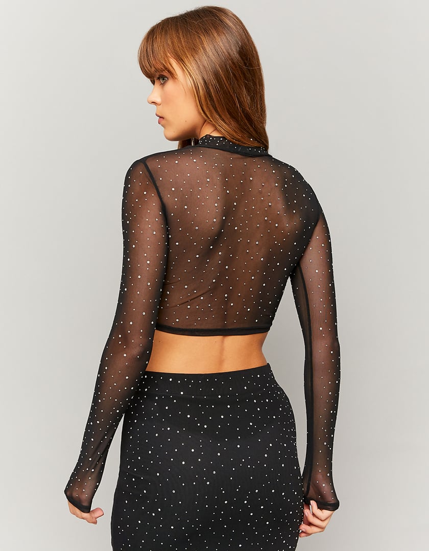 Ladies Black Mesh Cropped Top With Strass-Model Back View
