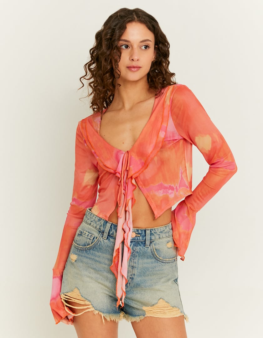 Ladies Mesh Crop Top With Ruffles-Model Front View