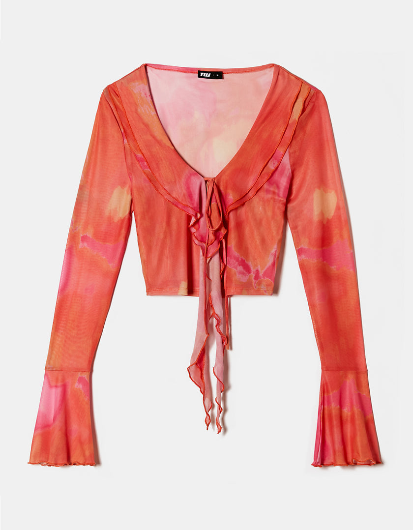 Ladies Mesh Crop Top With Ruffles-Front View