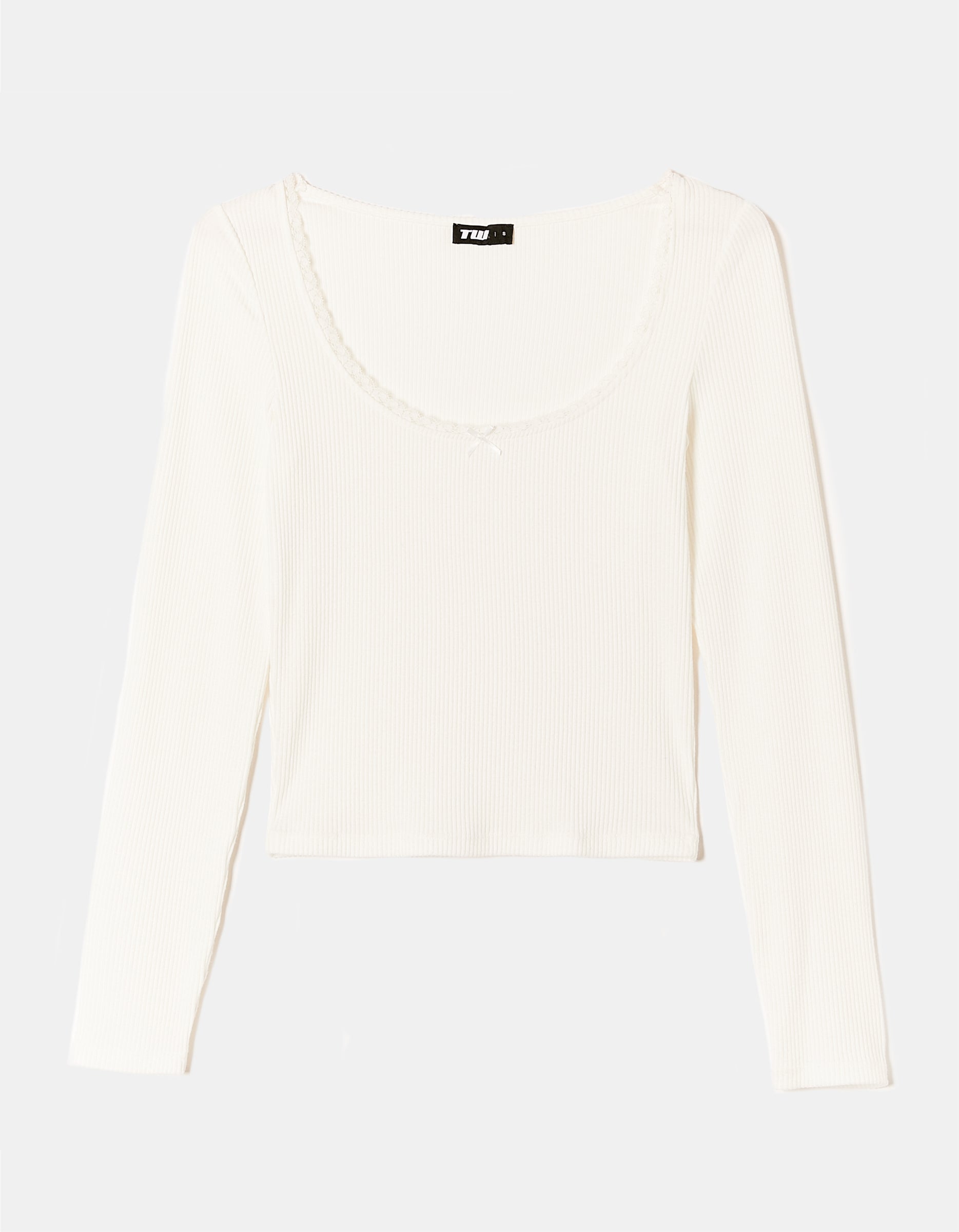 Ladies White Basic Ribbed Long Sleeve T-Shirt-Ghost Front View