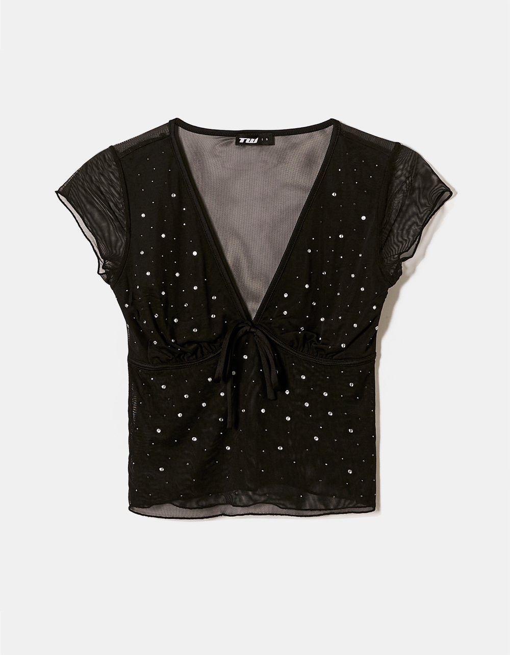 Ladies Black Mesh Top With Rhinestones-Ghost Front View