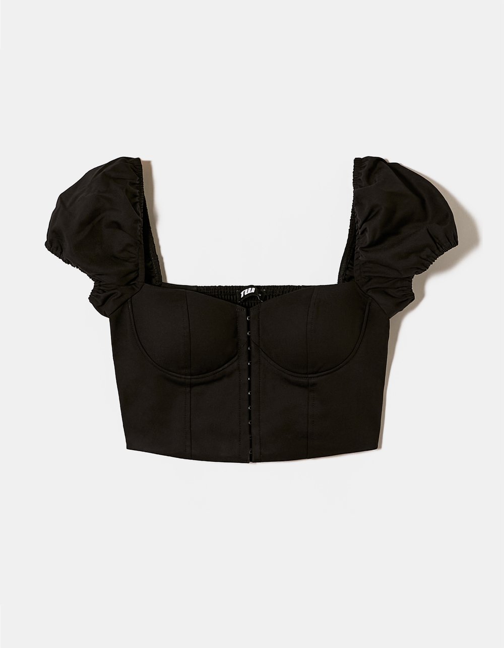 Ladies Black Corset Top With Short Puff Sleeves-Ghost Front View