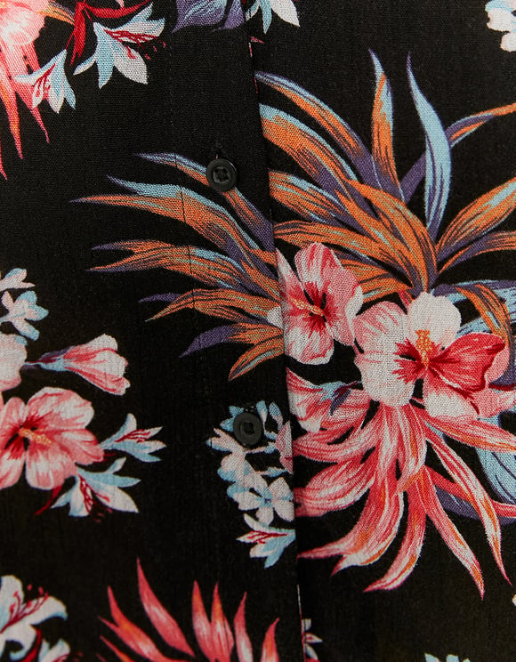 Ladies V-Neck Black Floral Loose Fit Shirt-Close Up of Pattern