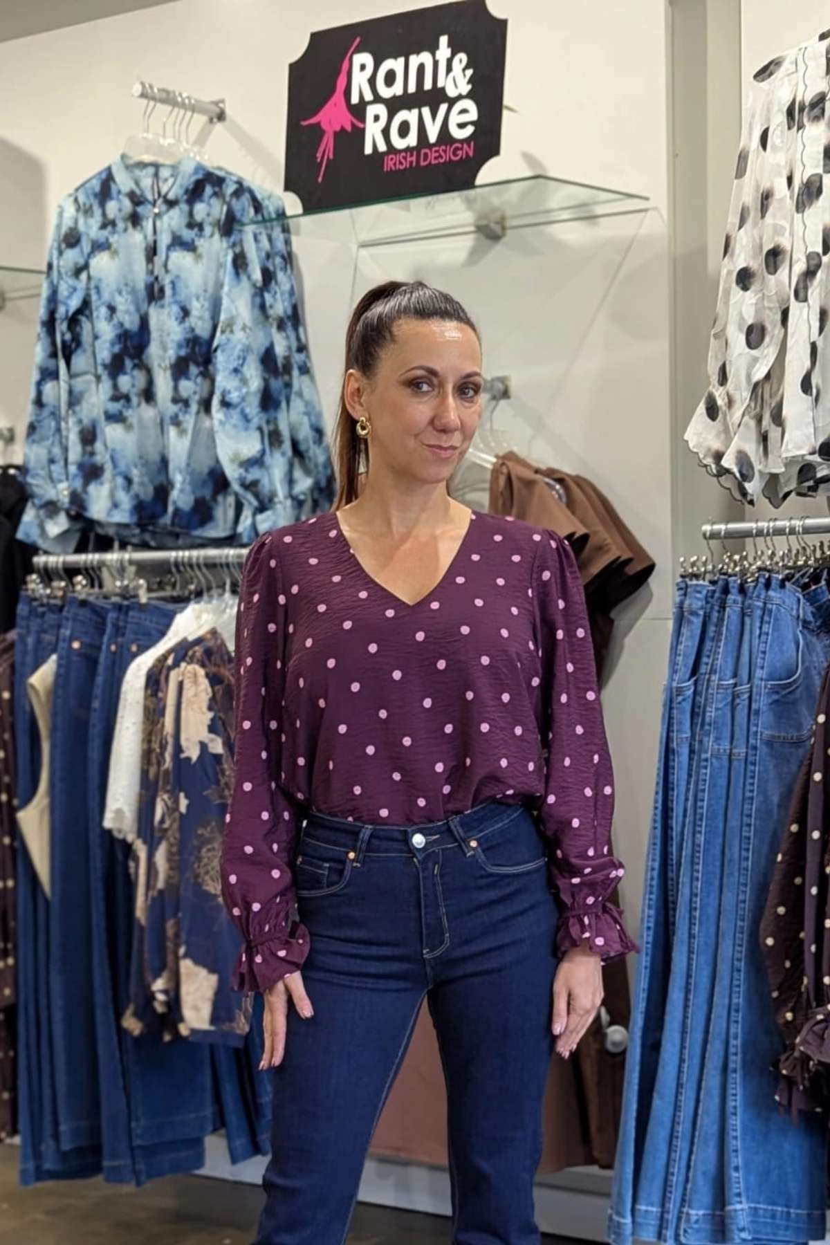 Close Up Version of Olivia in the Sophia Burgundy Dot Top