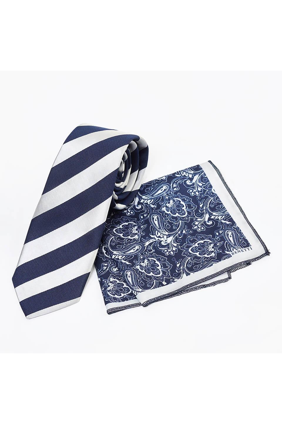 Stripe Silver/Navy Mens Tie  & Pocket Square