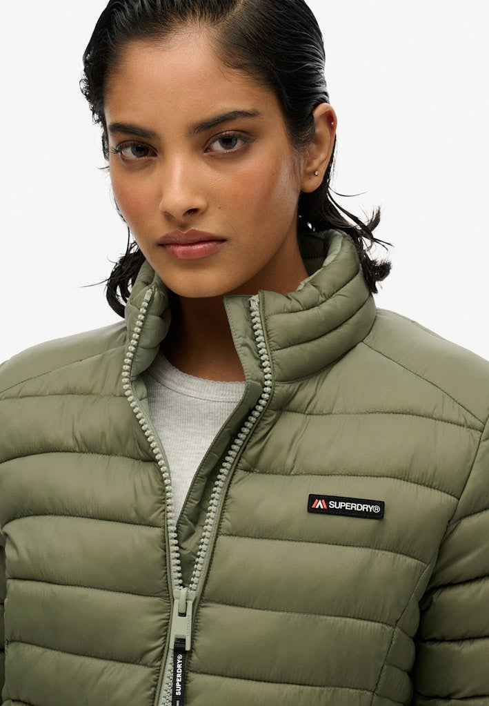Fuji Lite Padded Jacket-Dusty Olive Green-Neck detail close up