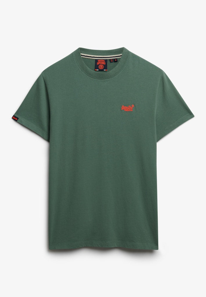 Green t-shirt with a small red logo on a white background