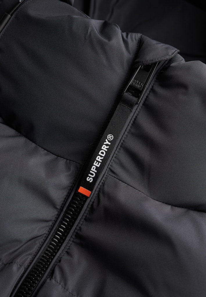 Hooded Sports Puffer Jacket-Ebony/ebony-Zip detail