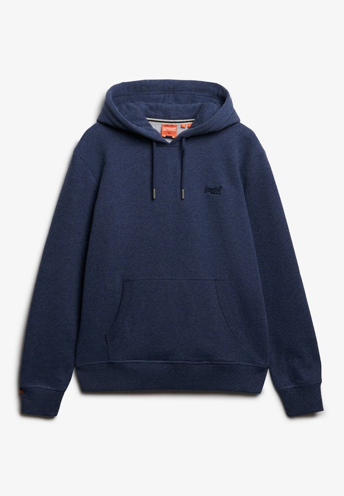 Navy blue hoodie with a brand logo on a light gray background