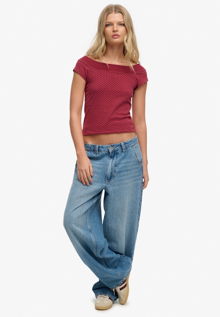 Ladies Ath Off Shoulder Pattern Top-Red Dot-Model Full Front View