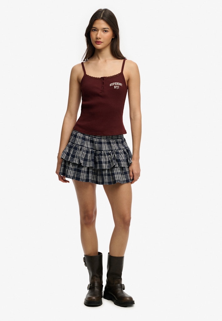 Ladies Athletic Embroider Button Cami-Port Red-Model Full Front View