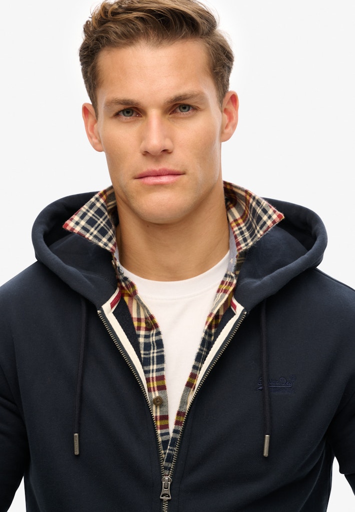 Essential Logo Zip Hoodie-Eclipse Navy-Close up view