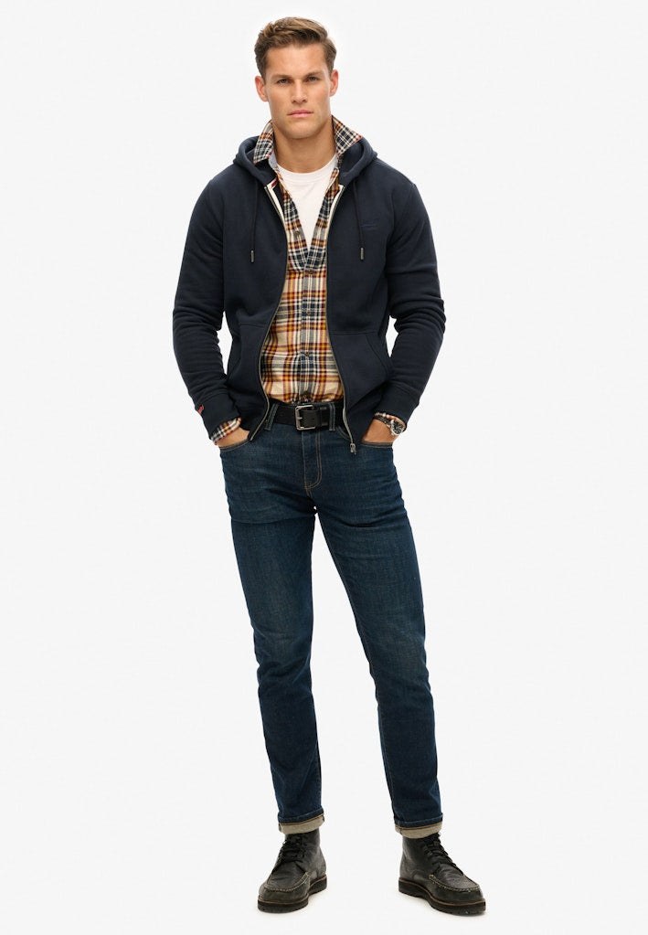 Essential Logo Zip Hoodie-Eclipse Navy-Full model view