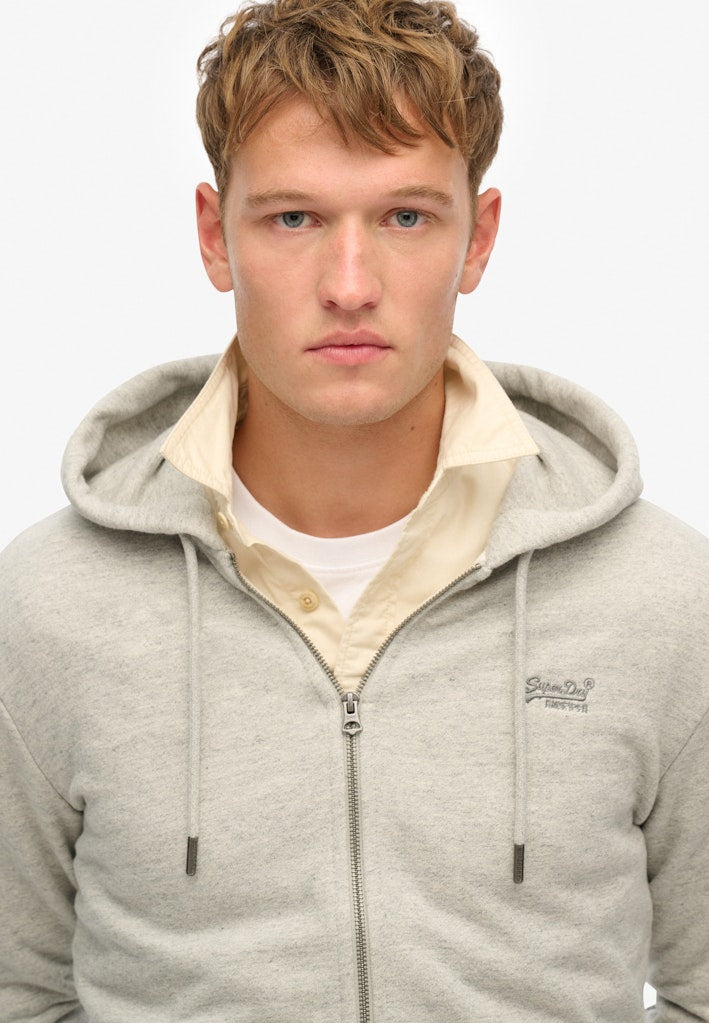 Essential Logo Varsity Grey Grindle Zip Hoodie-Close up view