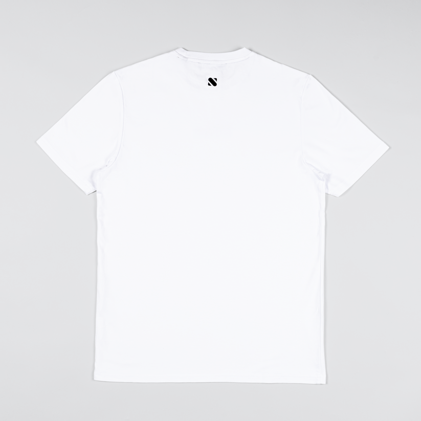White t-shirt with a small black logo on a light gray background