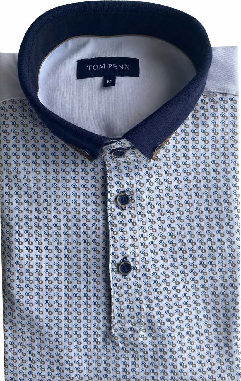Folded Tom Penn men’s white micro-print polo shirt with contrast navy collar