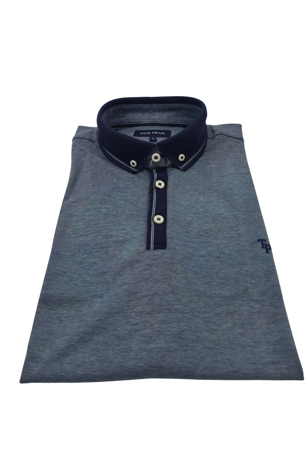 Angled folded front view of Tom Penn men’s denim blue melange polo shirt and contrast placket