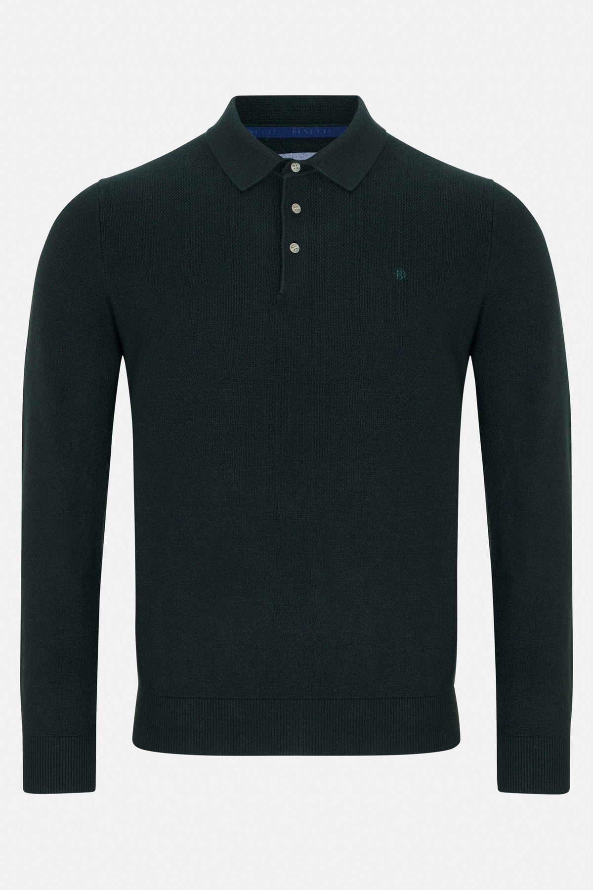 Benetti Trevor Forest knit polo, front view, with long sleeves, button placket and ribbed hem and cuffs.