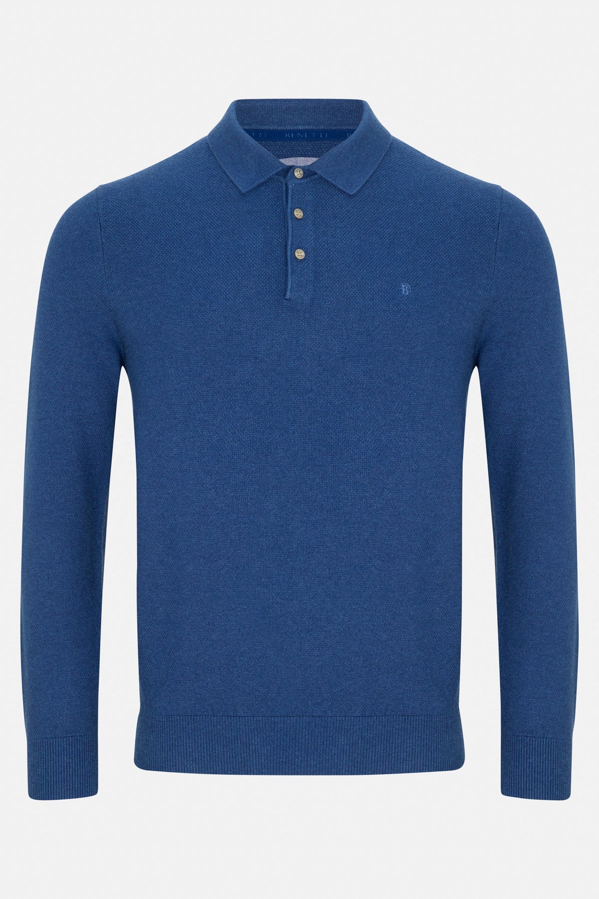 Benetti Trevor Indigo Polo, front view, long-sleeve knit polo with three-button placket and ribbed cuffs and hem.