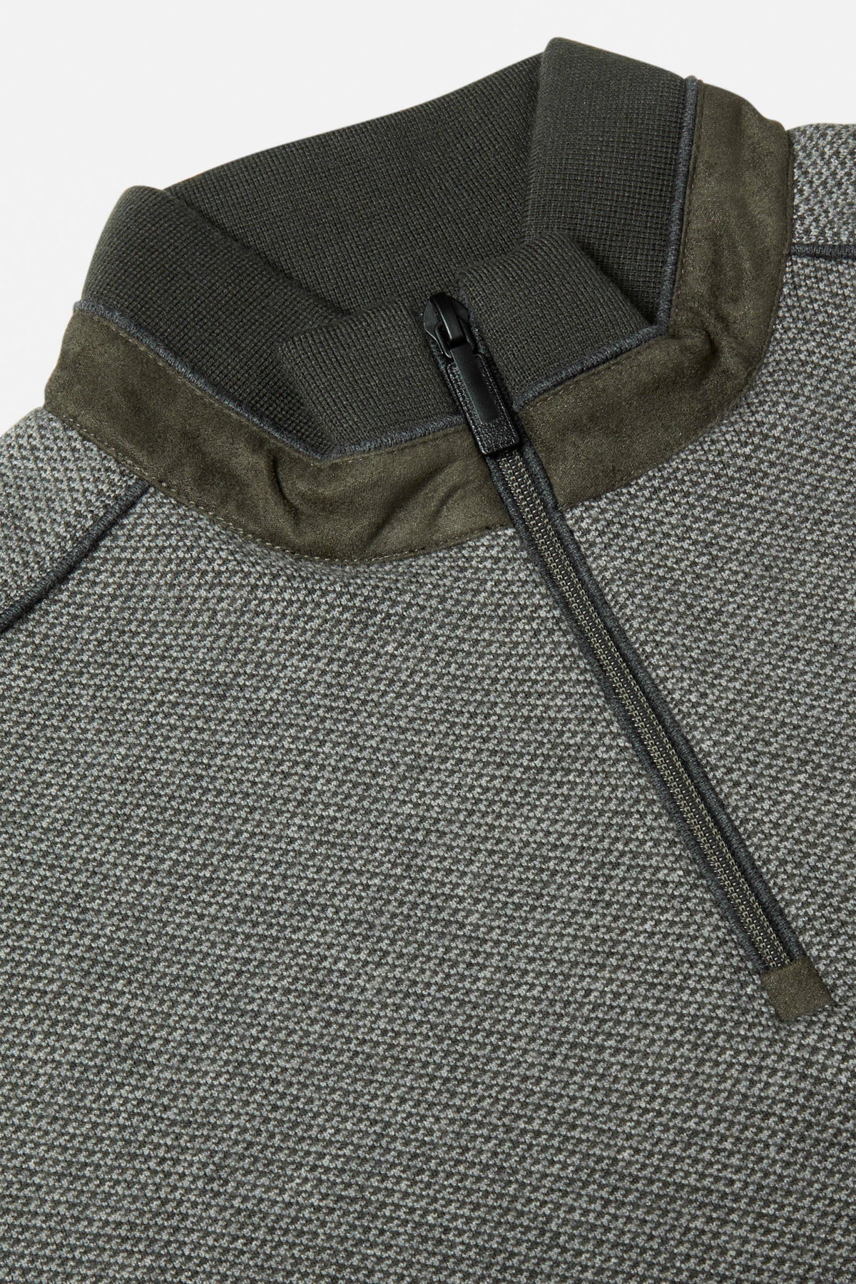 Benetti Troy Forest 1/4 Zip in FOREST, close-up of the quarter-zip collar and textured knit fabric