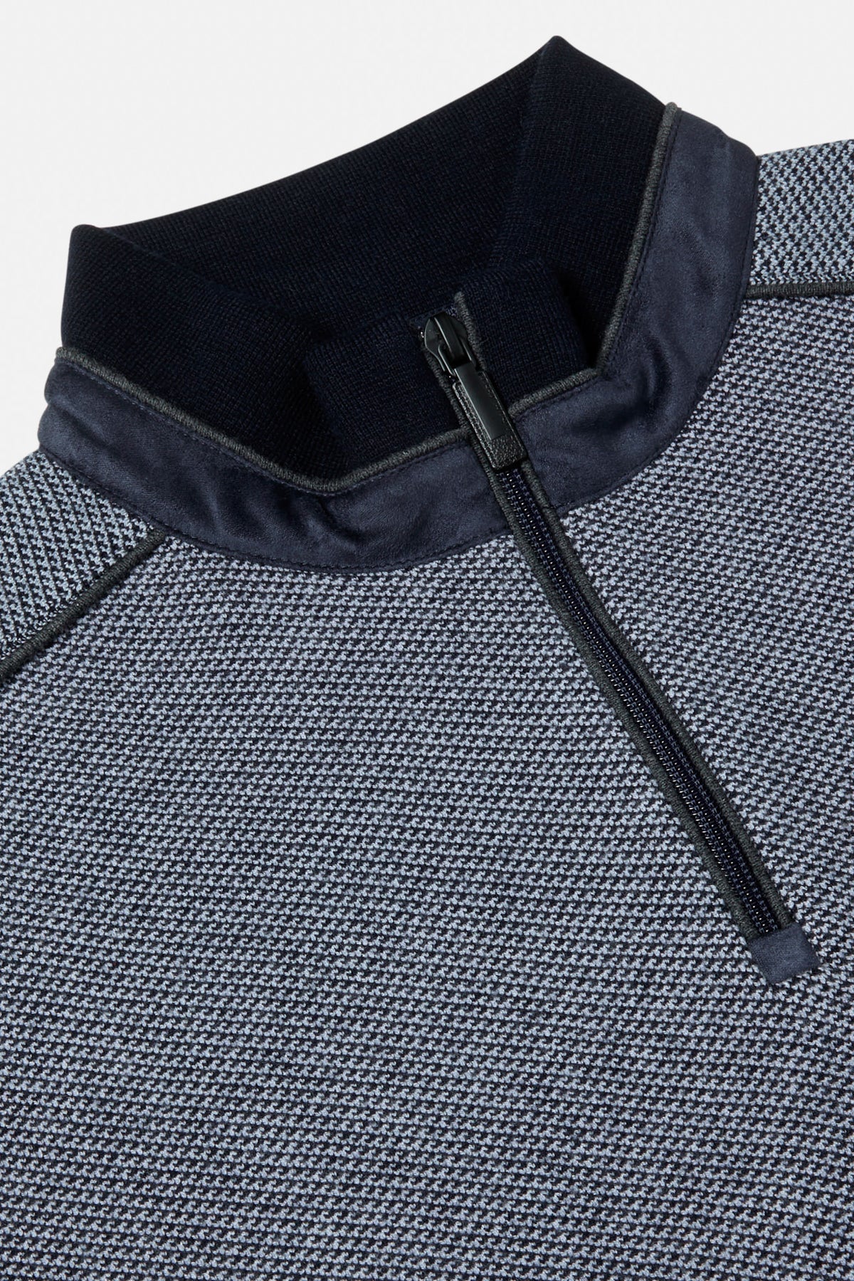 Benetti Troy Navy 1/4 Zip close-up of the quarter-zip collar and navy textured knit fabric with zip detail.