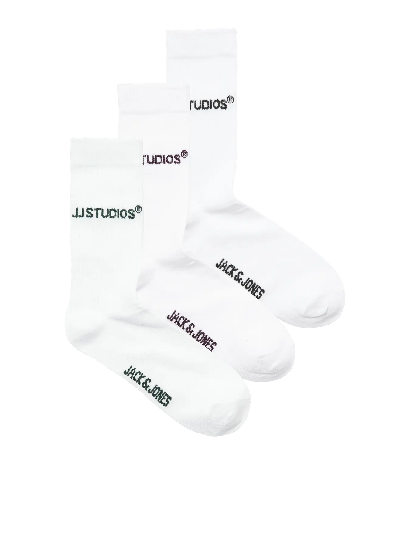 Three white crew socks arranged in a fan shape on a white background, each printed with the brand name 'JACK & JONES' in black near the foot opening.