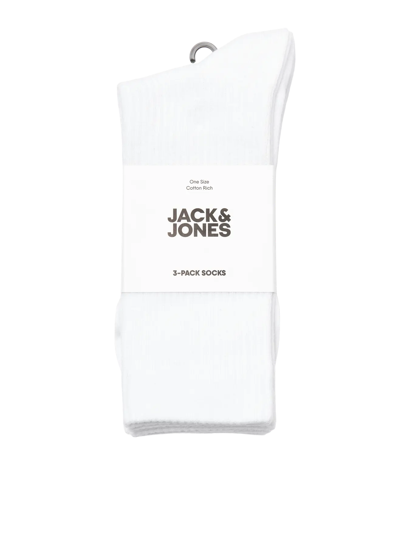 A three-pack of white one-size cotton socks hanging from a metal hanger with a paper band that reads 'JACK & JONES' and 'ONE SIZE COTTON SOCKS'.