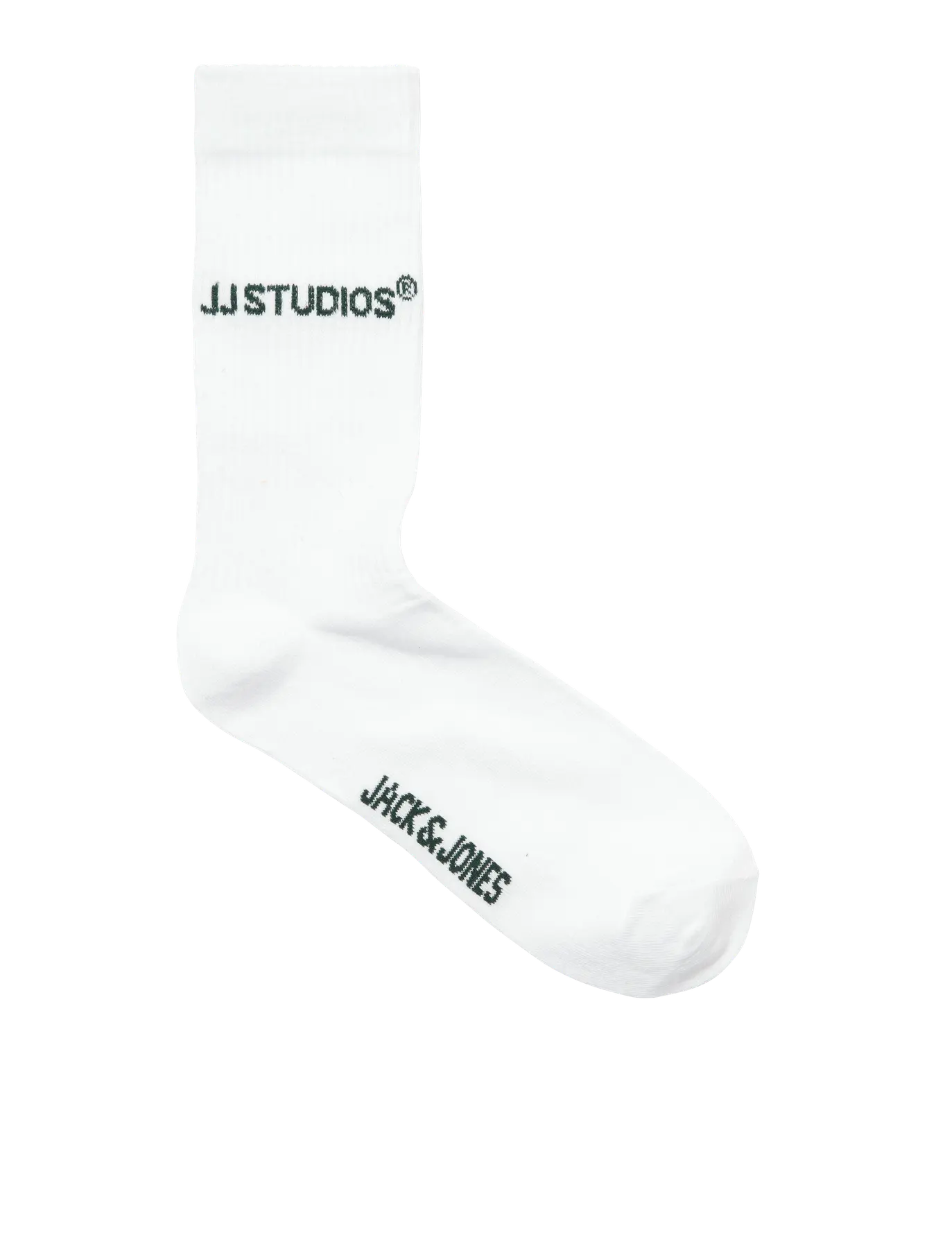 White sock with black text on a white background