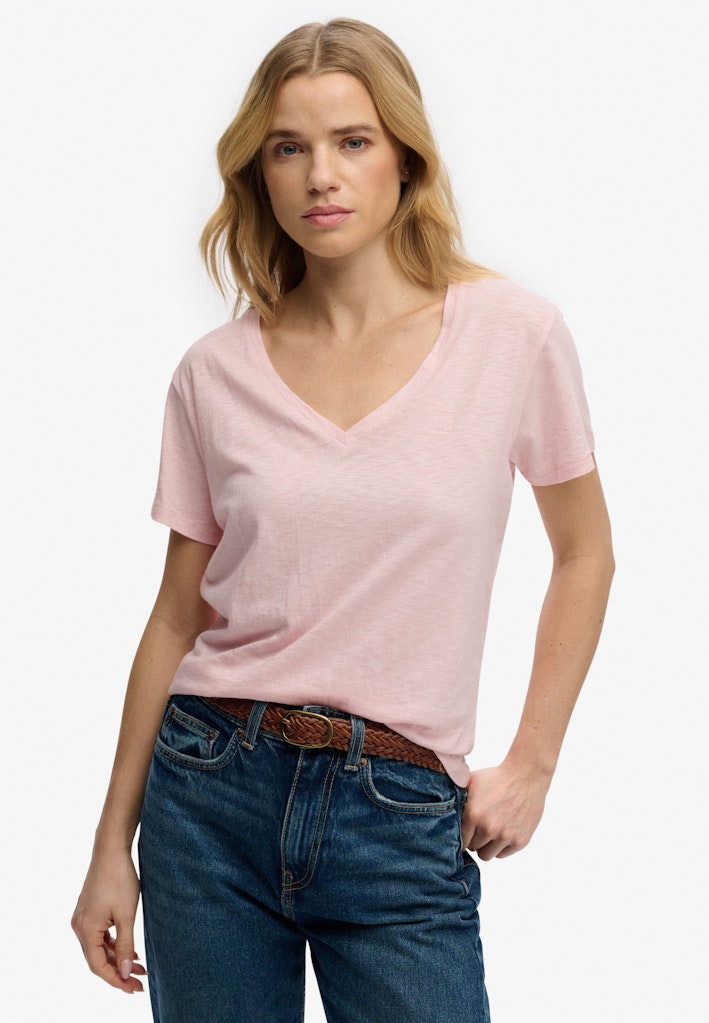 Superdry Ladies Studios Slub Emb Vee Tee-Pale Pink Pale Pink model front view