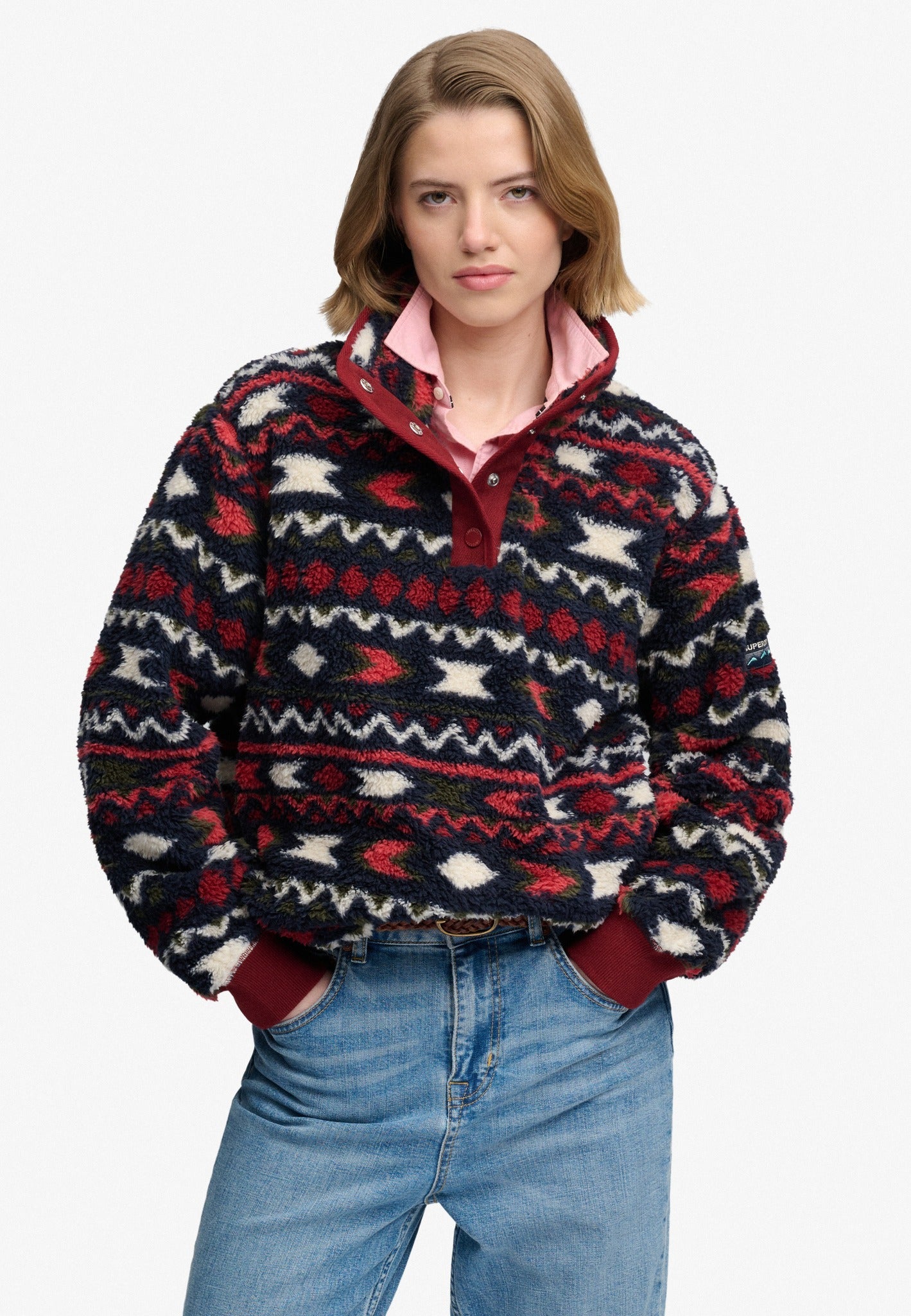 Superdry Super Soft Printed Half Button in Burgundy Mini Aztec on model