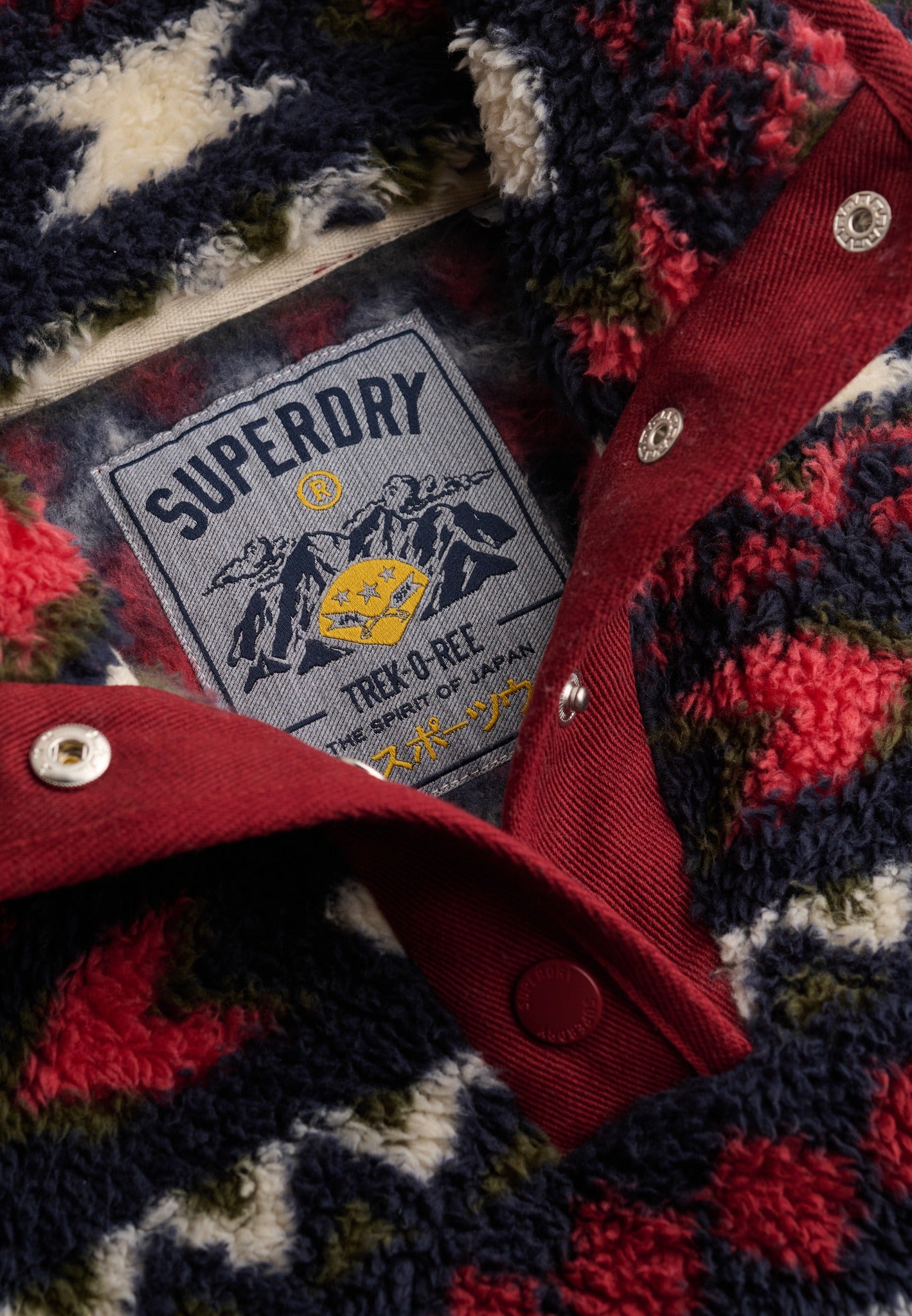 Superdry Super Soft Printed Half Button in Burgundy Mini Aztec button placket detail