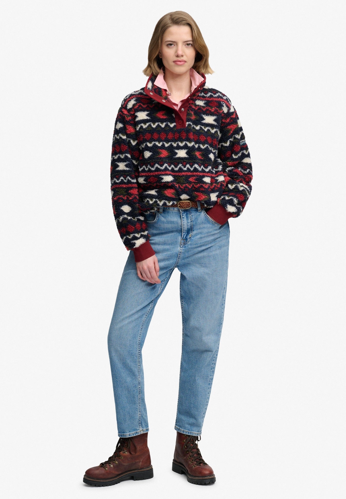 Superdry Super Soft Printed Half Button in Burgundy Mini Aztec full length view