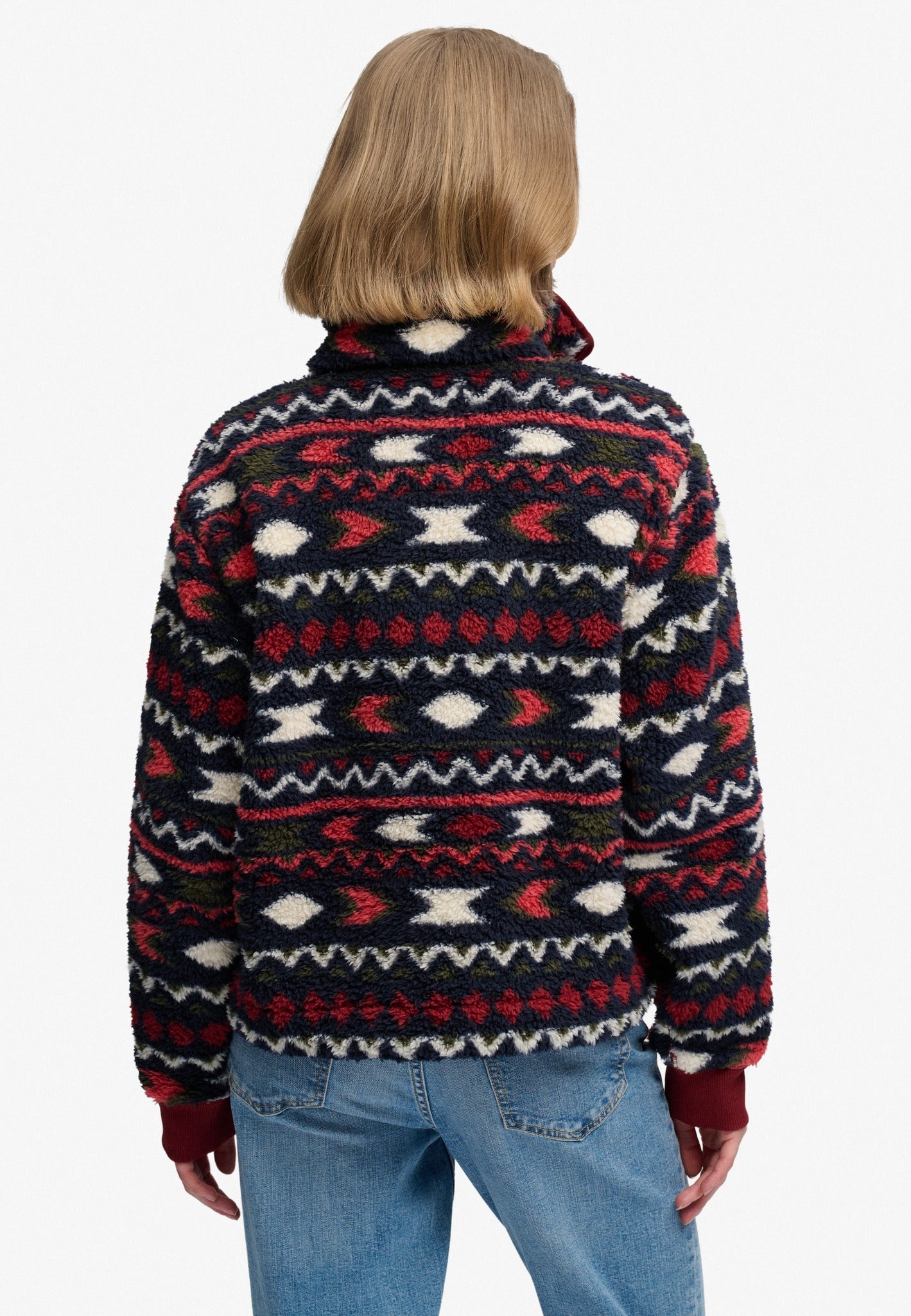 Superdry Super Soft Printed Half Button in Burgundy Mini Aztec back view on model