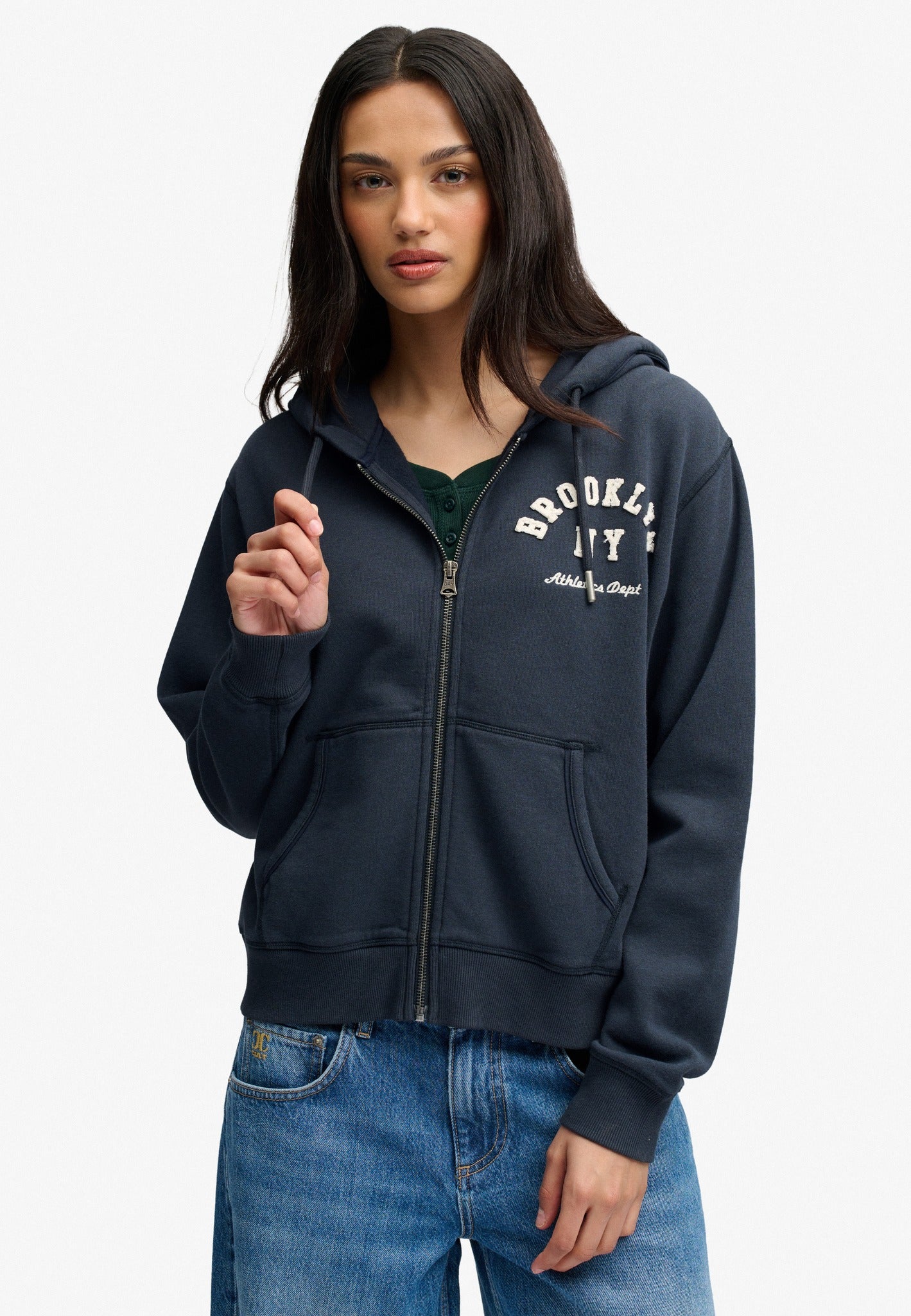 Superdry Ath Essential Relaxed Crop Ziphood in Eclipse Navy on model