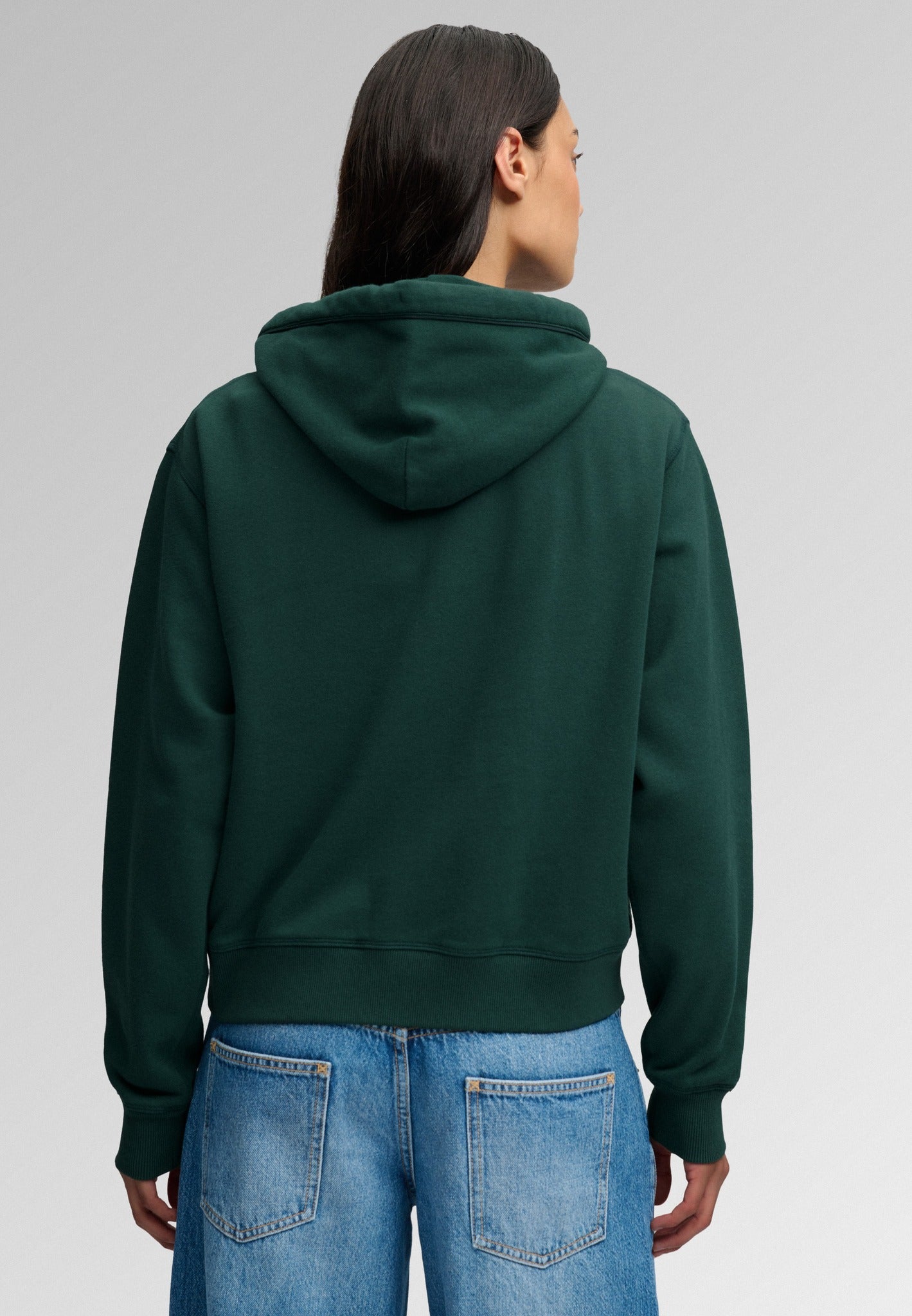Superdry Ath Essential Applique Crop Hood in Enamel Green back view on model