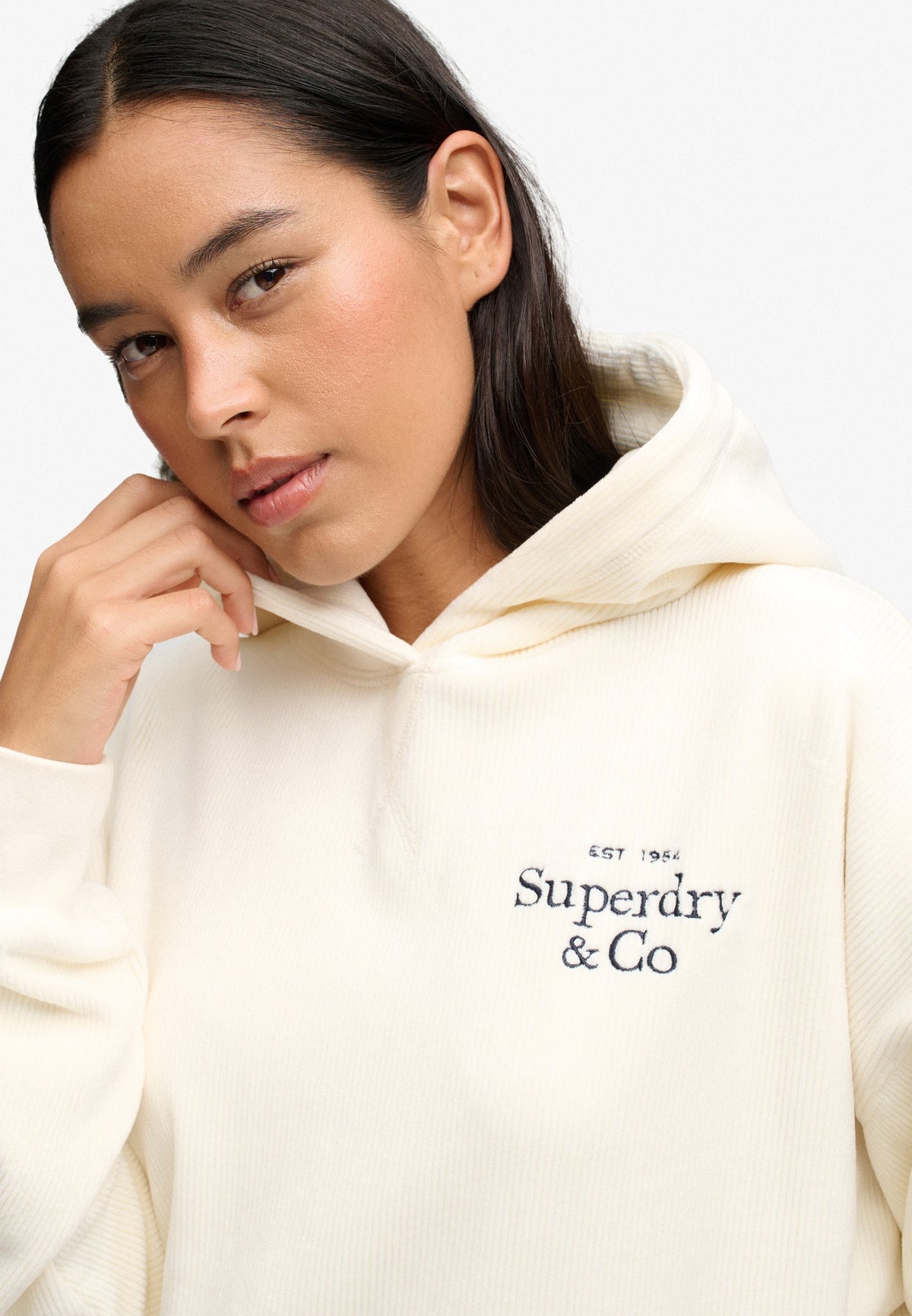 Superdry logo embroidery detail on Drop Needle Velour Hoodie in Cream