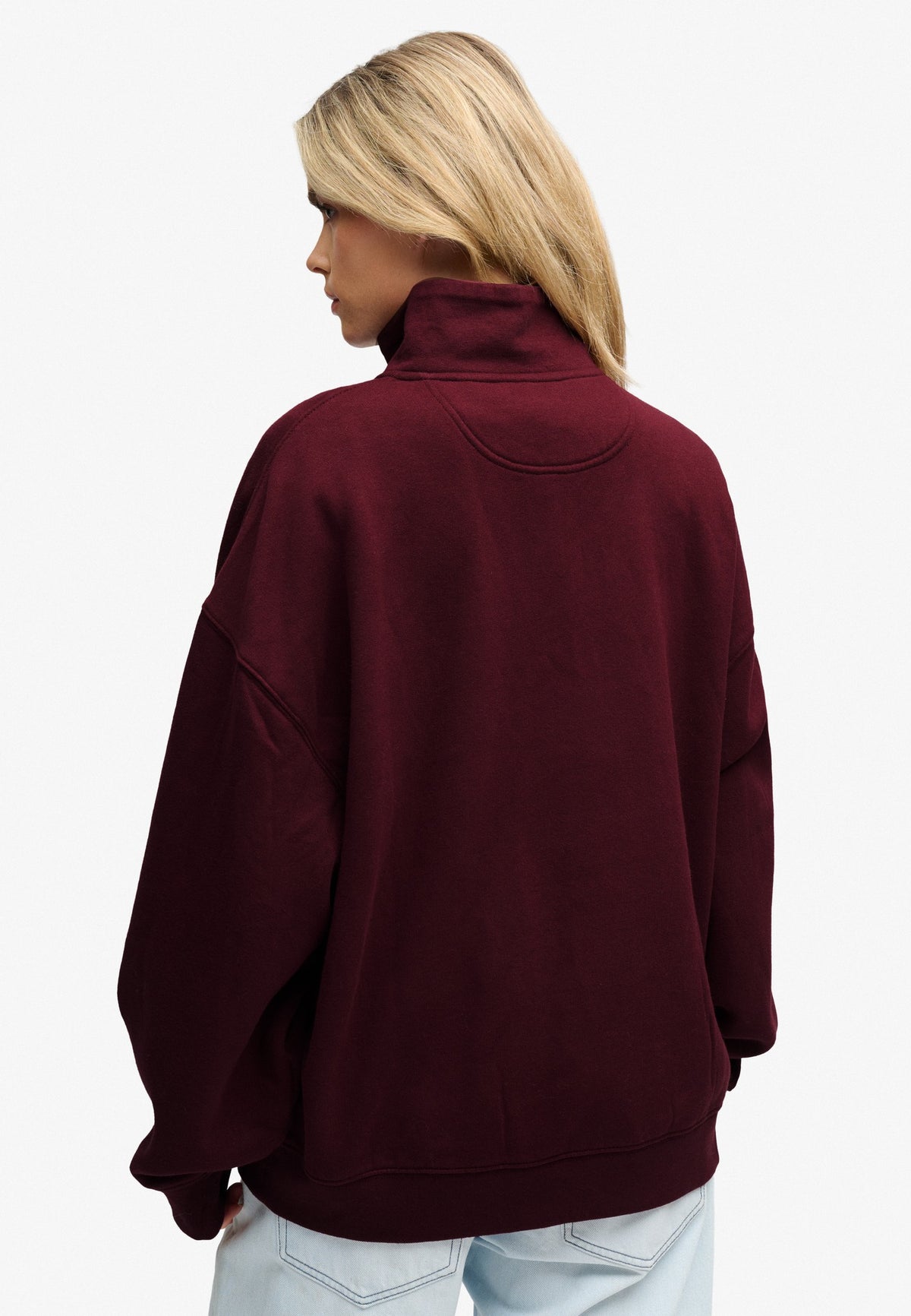 Superdry Monogram Half Zip Sweatshirt in Port Red back view on model