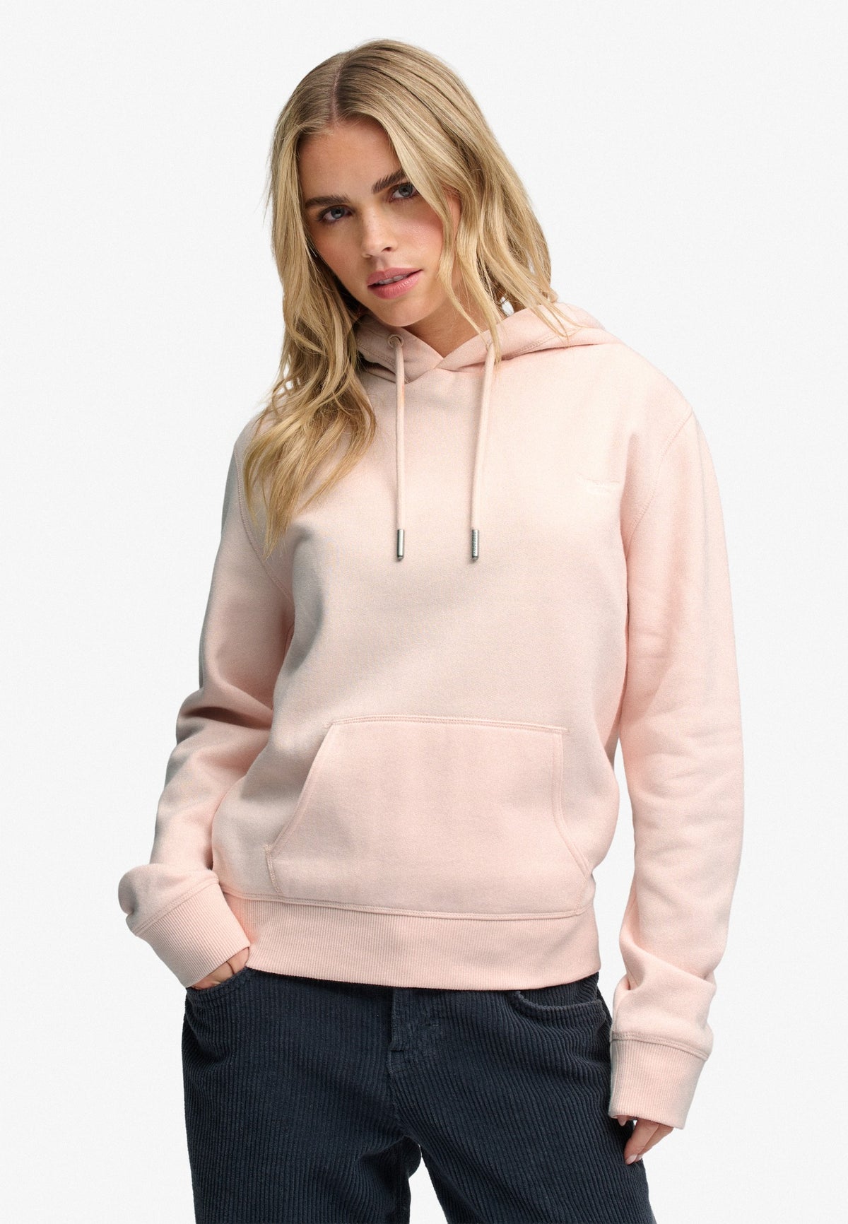 Superdry Signature Embroidered Hoodie in Rose Blush Pink on model
