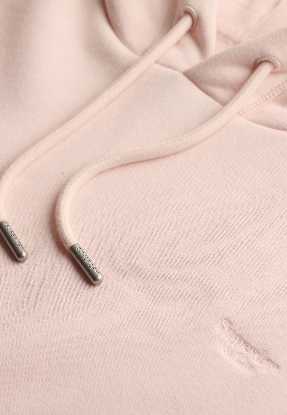 Drawstring hood detail on Superdry Signature Embroidered Hoodie in Rose Blush Pink