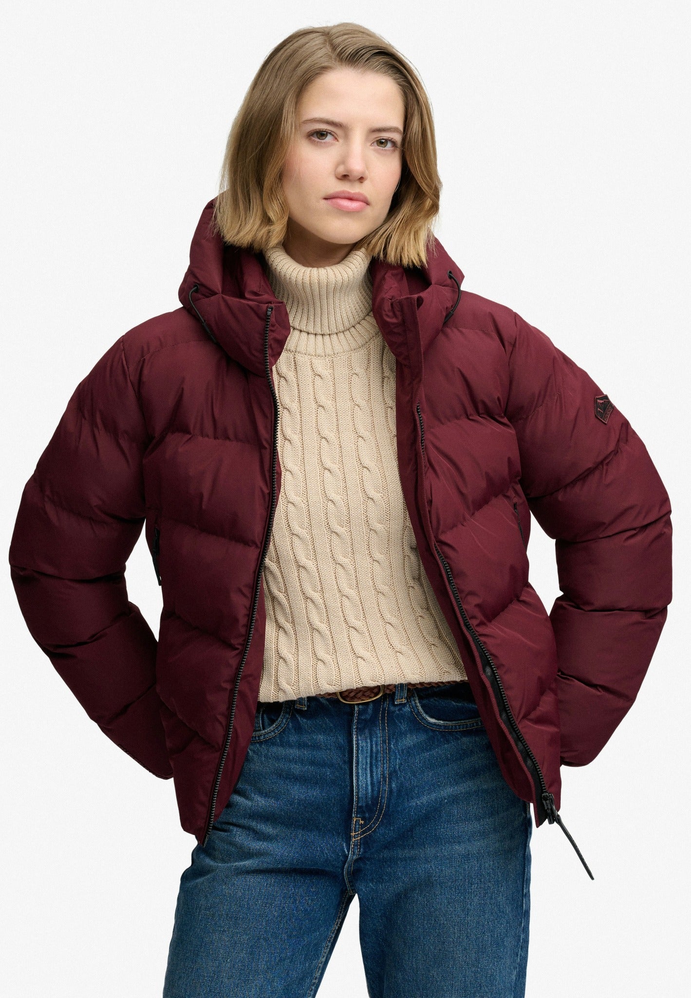 Superdry Hooded Sports Puffer Jacket in Port Red front model view