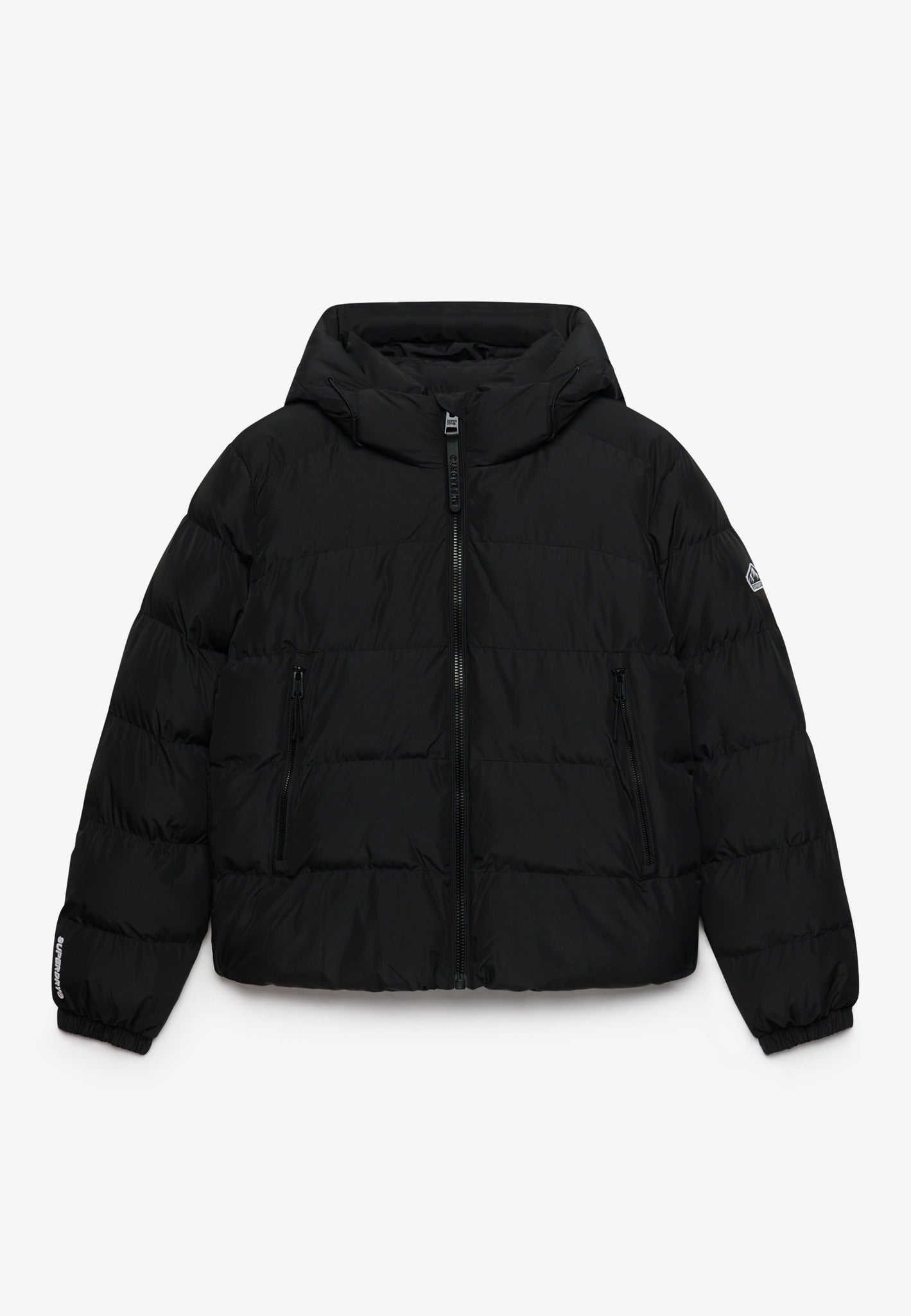 Superdry Hooded Sports Puffer Jacket in Black front view